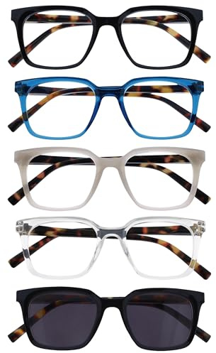 OPULIZE KOI Lesebrille & Sonnenleser 5er Pack - Rechteckiges Gestell - Schwarz-Blau-Grau-Klar-Schwarz - Damen Herren - Federscharniere - RRRR50-57CQ - +2.00