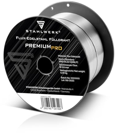 STAHLWERK FLUX Edelstahl Fülldraht Ø 0,8 mm E308LFC – 0,45 kg D100-Spule für 16 mm Dorn, universell einsetzbar, selbstschützender Schweißdraht, Schweißen ohne Gas, geeignet für viele MIG/MAG-Geräte