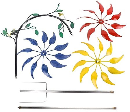 Miskall Moulin à Vent à Fleurs, Fleurs Multicolores avec 3 Fleurs, Feuilles Vertes, Grand Moulin à Vent Accrocheur, Moulins à Vent en Métal D'extérieur pour Porches Extérieurs