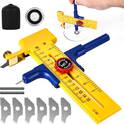 Kreisförmiger Papierschneider, Kreisschneider für Kreise von Durchmesser 2–30cm/Radius 1–15cm Kompass-Schneider mit 6 Klingen Zirkelschneider zum Schneiden von Papierkarton Leder Rundschneider