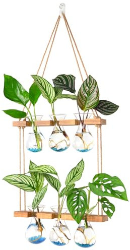 XXXFLOWER Wall Hanging Plant Propagation Station with Wooden Stand 3 Bulb Vase 2 Tiered Glass Planter Stations for Hydroponic Plant Cuttings Home Garden Wedding Decoration