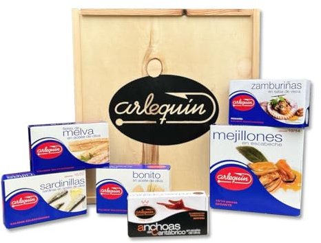 ARLEQUÍN Cesta Gourmet para Regalar con Anchoas de Santoña, Bonito en Aceite de Oliva, Mejillones Gigantes en Escabeche, Zamburiñas en Salsa de Vieiras, Melva y Sardinillas en Aceite de Oliva