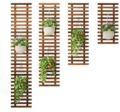 Set di 4 Fioriere da Parete in Legno per Piante da Interno, Supporto per Fioriera da Parete in Reticolo di Legno, Supporti per Piante Ad Aria con Cornice per Esposizione (Carbonized color)