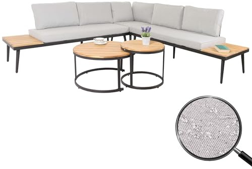Mendler Garten-Garnitur HWC-H54c, Lounge-Set, Beistelltisch Spun Poly Akazie Holz Stahl - Hellbraun, Kissen hellgrau