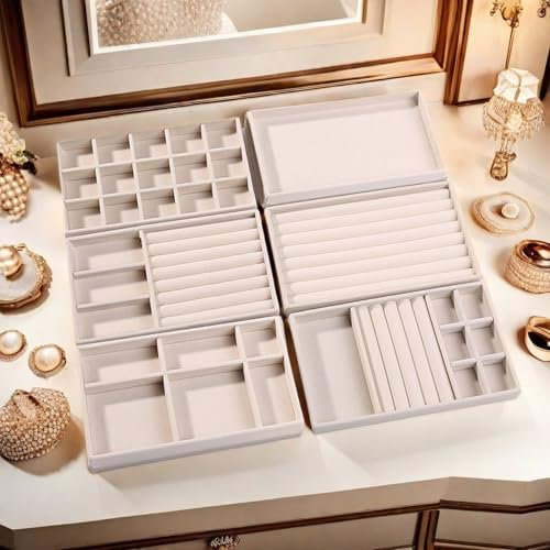 Cnwinu 6Pcs Schmuckaufbewahrung,Schmucktablett,Schmuck Organizer Schublade,Samt Stapelbar Schmuckeinsatz,Schmuckaufbewahrung Schublade für Ohrringe Ring Armband Broschen Halsketten (Beiger)