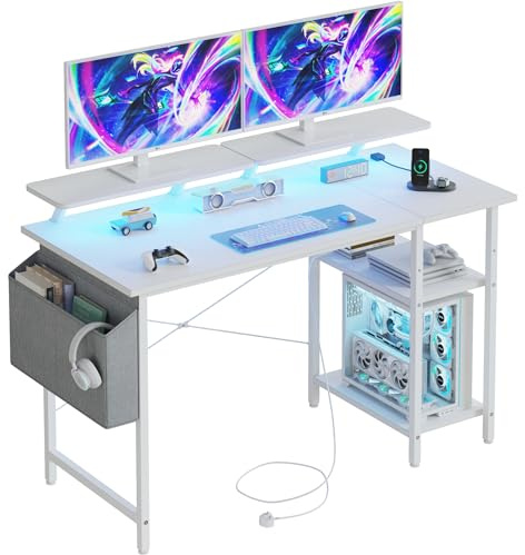 DOMSHOCT Gaming-Schreibtisch mit LED-Lichtern und Steckdosen, wendbarer Computertisch mit Ablagen und Dual-Monitor-Ständern, für Heimbüro und Arbeitszimmer, 100 x 50 cm, Weiß