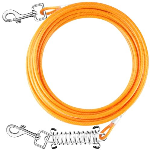 Tresbro - Correa para perro para patio, cable de amarre para perros de 10 pies con resorte que absorbe los golpes y gancho giratorio, cadena a prueba de masticación para exteriores, correa de cable