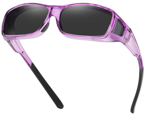 DUCO män och kvinnor solglasögon polariserade unisex glasögon UV400 skydd wrap runt bländskydd glasögon för glasögonbärare DC8954, L storlek klar lila ram grå lins