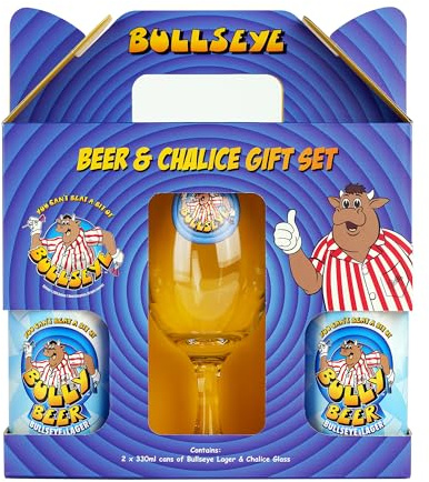Bullseye Craft Lager Gift Set, including 2 x 330ml cans & branded chalice glass. Perfect for Christmas and Birthdays. Darts Themed beer