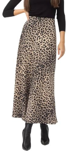 RSBFK Women's Satin Leopard Print Silky High Waist Maxi Skirt Elastic Waistband A Line Long Skirts