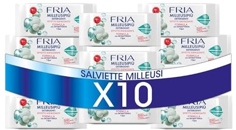 Fria MilleusiPiù Igienizzanti, Salviette Detergenti con Antibatterico, Tessuto Fibrasoft 3 Strati Biodegradabile, 10 Confezioni Tascabili da 12 Salviette