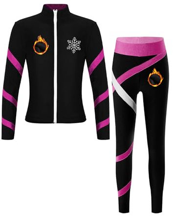 Yruioon Kinder Eiskunstlauf Anzug Mädchen Trainingsanzug Fleece Sportanzug Eiskunstlauf Jacke Sweatjacke + Hose Gym Fitness Sport Set Dunkel Rosa 170-176