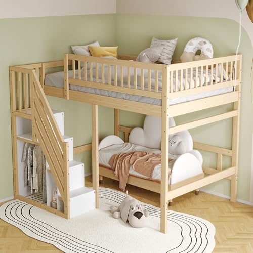 Kinderbett Etagenbett 140x200, Hochbett mit Treppe und Aufbewahrungsschrank, Funktionsbett Stockbett Spielbett Kinderhochbett Jugendhochbett mit Lattenrost & Rausfallschutz, Ohne Matratze, Holzfarbe