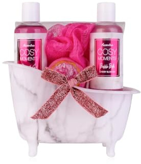 Accentra 4-teiliges Cosy Moments Bade- und Duschset mit dekorativer Mini-Badewanne für Frauen, Pflegeset in Pink mit Duschgel, Schaumbad, Badebombe und Netzschwamm, zum Muttertag und Geburtstag
