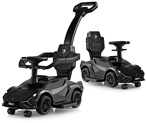 GOPLUS 3 in 1 Rutschauto, Lamborghini Schiebauto mit abnehmbarem Universalrad, USBs, Musik, Stauraum, abnehmbarem Schiebegriff & Schutzgeländer, Rutschfahrzeug für Kinder von 18-60 Monaten (Schwarz)
