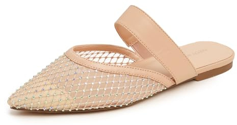 BREEZE NOUTHERLY dammode nätmules slip on rygglösa glidskläpp platt spetsigt nät, Beige strass, 38 EU