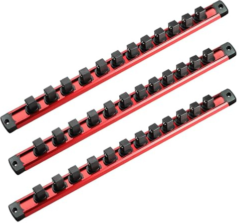 ACEBON Magnetische Stecknussleiste 3er Set Rot, 1/2 Zoll (12,5 mm) Stecknuss Organizer aus Aluminium, Steckschlüsselhalter mit 36 schwarzen Clips für Werkstattwagen, Werkzeugwand und Garage