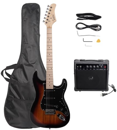 Bonnlo Stylish Electric Guitar Kit with Black Pickguard, Sunset Color - Complete Set with 20W Speaker, Bag, Strap & Accessories