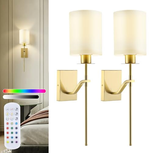 QCXWCJWD Battery Operated Wall Sconce Set of 2, Wireless Wall Lights with Beige Fabric Shade, Rechargeable LED Wall Lamp, Vintage Indoor Dimmable Wall Light, Not Hardwired Fixture(02)