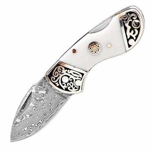 Klappmesser 4.5 Taschenmesser Geschmiedet Aus Damaszener Damaststahl & Rinderknochen, Klein Outdoor Messer Survival Jagdmesser, Scharfes Einhandmesser, Damastmesser, Mini EDC Messer Neck Knife, Weiß