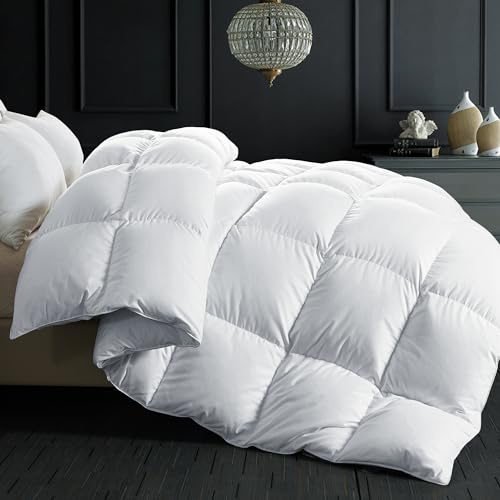 ELNIDO QUEEN® Feather Down Fiber Comforter Queen Size - All Season White Fluffy Duvet Insert - 750+ Fill Power Luxurious Hotel Bedding Comforter with Corner Tabs - Soft 100% Cotton Cover, 90x90 Inch