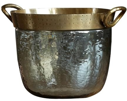 Luxury Glass Ice Bucket with Gold Copper Edge Decoration Retro Style Handmade Metal Insulated Ice Bucket, Great for Home Bar, Chilling Beer, Champagne, Wine Bottle