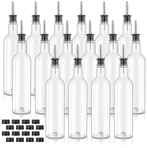 RimCereal 16 Pack 25 oz Syrup Bottle Plastic Long Neck Bottle with Stainless Steel Leakproof Tapered Spout Pourer and Cap Alcohol Juice Coffee Container for Home Bar Service Bartending Supplies