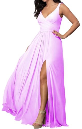 Doppio V-V Principessa Abiti da Damigella D'Onore Chiffon Prom Dresses con Spacco Abito da Sera Formale ZM268, Lilla, 46