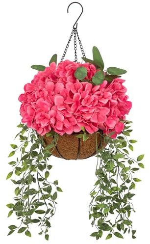 Oairse Hortensia artificial colgante con cesta colgante de fibra de coco y metal, planta colgante flores artificiales como hortensias reales para interiores y exteriores, balcón, jardín