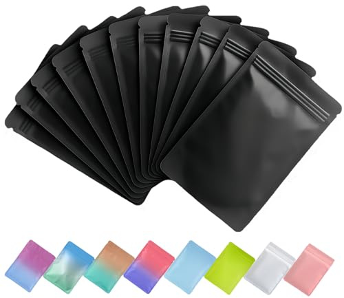 Plaphy 100 Bolsas Zip Herméticas Planas, Bolsas Mylar Coloridas con Cierre Resellable, Bolsas de Aluminio Autocierre para Empaque, Organización y Almacenamiento de Alimentos (Negro, 8 x 13 cm)