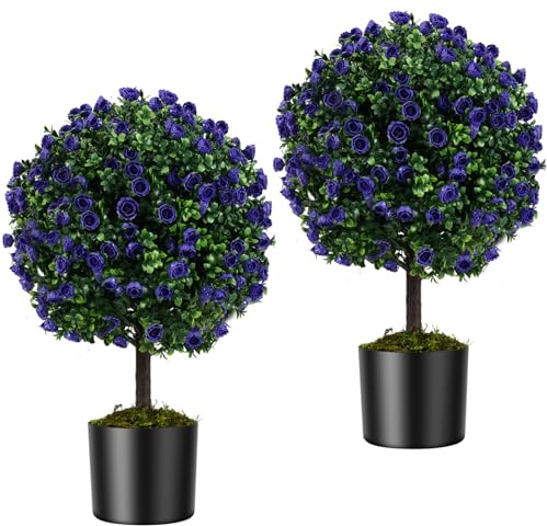 TANGZON Artificial Topiary Trees Set of 2, Decorative Faux Boxwood Topiary Plant in Pot with Flowers, Tall Indoor Outdoor Fake Ball Plants for Home Garden Office (Purple Rose, 55cm)