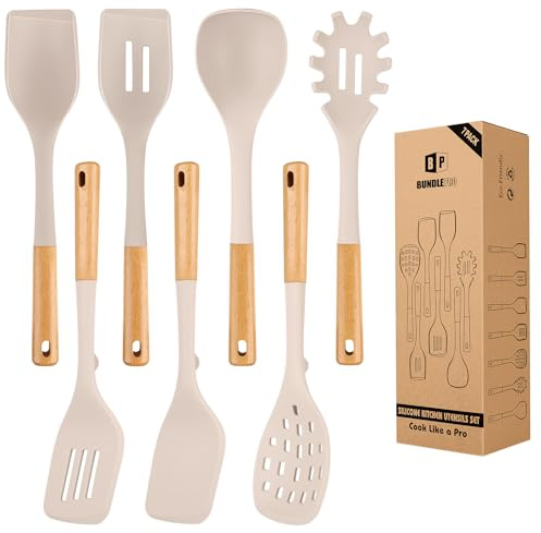Silicone Kitchen Utensil Set for Non Stick Cookware, 7 Pcs Heat Resistant Cooking Utensils with Wooden Handle, BPA Free Kitchen Tools with Spatulas, Spoons, Skimmer and Pasta Fork (KHAKI)