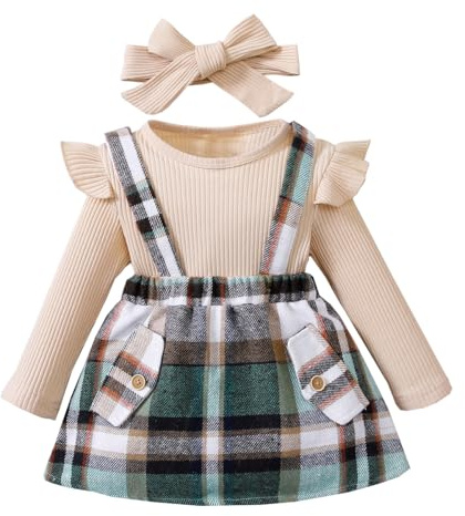 LUVCES Conjuntos Otoño Faldas para Niñas Pequeñas Manga Larga Top de Canalé con Volantes + Lazo/Cuadros Falda con Tirantes+ Diadema 3Pcs Elegante Ropa Trajes