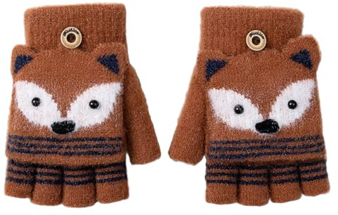 Gants d'hiver chauds convertibles pour enfants de 4 à 8 ans - Mitaines en forme de renard avec couverture de doigts - Moufles douces et pelucheuses - Mitaines d'hiver thermiques tricotées, kaki
