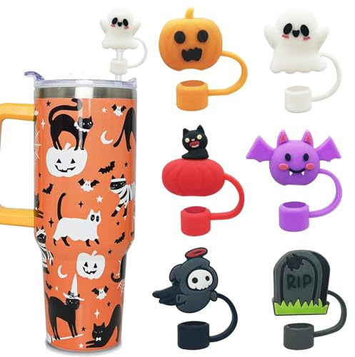 6 Pezzi Tappi Cannuccia Halloween per Stanley Cup 30/40oz, Copri Cannuccia in Silicone 10mm a Tema Zucca Fantasma Pipistrello, Accessori Compatibili con Borraccia Stanley, Antipolvere e Riutilizzabili