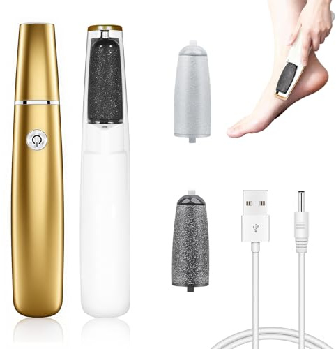 Rasoir Electrique pour Pieds Professionnel, Set avec Rouleau Rotatif 360° et Design Étanche - Pédicure pour Peaux Sèches, Talons Fissurés et Callosités, Doré