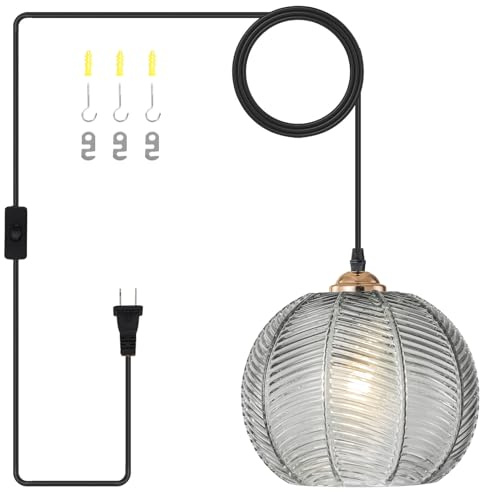 Pobllem Modern Plug in Hanging Light Smoke Grey Globe Pendant Light Plug in Cord Mid Century Gray Glass Hanging Lamp Plug in Lights for Ceiling Kitchen Dining Room Living Room Bedroom