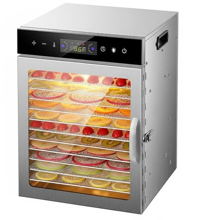 Essiccatore Di Frutta 6-18 Ripiani, 400/800w, Temperatura 30-90°c, Timer 24h, Display Digitale, Acciaio Inox, Essiccazione Uniforme per Carne, Frutta, Verdura E Erbe Aromatiche(12 floors)