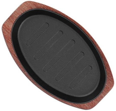 NOLITOY Sartén para Bistec de Hierro Fundido de 10 Pulgadas con Base de Madera, Bandeja para Servir Caliente y Cocinar Carne en Hornillo, Plato Esencial para Cocina y Barbacoa