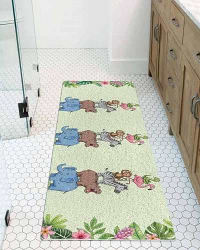 Tropical Animal Shower Mat Non Slip Bathtub Mat Zebra Elephant Snake Flame Bird Pink Flower Green Leaf Bath Mat Soft Loofah Shower Mats for Shower Tub Bathroom Quick Drying Foot Mat, 16x47 Inch