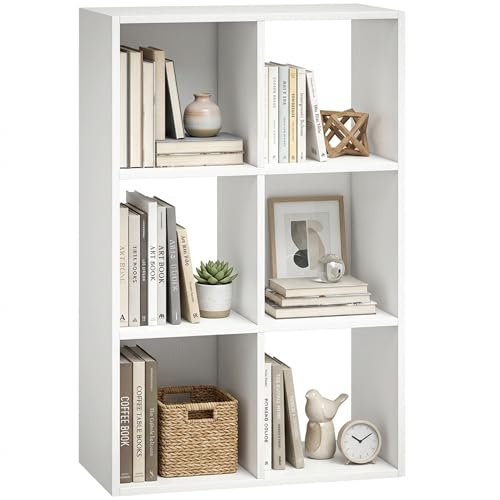 HOMCOM Industrial Style Storage Shelf with 6 Compartments White Wood Effect | Bookcase, Bookshelf, Freestanding Shelving Unit, Living Room, Home Study