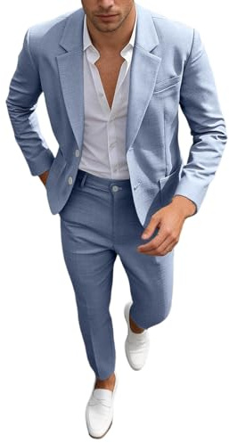 Kluantou Tuta estiva in lino da uomo, in tweed smoking, da spiaggia, con due bottoni, leggeri, giacca normale, tinta unita, per lavoro, set classico da 2 pezzi