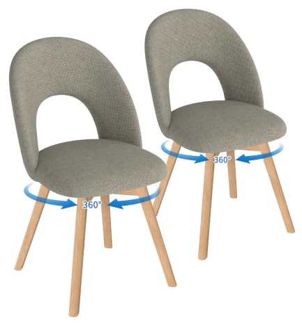 WAFTING Esszimmerstühle drehbar Polster Holzbeine 2er Set，Dunkelbraun | 360° drehbar, dicker Leinenstoff mit luftdurchlässiger durchbrochener Rückenlehne, geeignet für Esszimmer, Küche, Wohnzimmer
