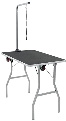 Teenpull Tragbarer Trimmtisch für Haustiere mit Rollen, Verstellbarer Edelstahl Trimmgalgen, rutschfeste MDF Tischplatte, faltbar 91,5x61,5x156 cm, 50 kg Tragkraft
