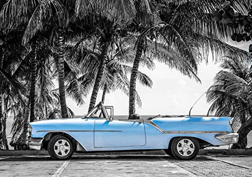 Forwall Fototapete Vlies Wanddeko Auto Oldtimer - Blau Strand Palmen Kuba Havanna Vliestapete Wand Tapete Moderne Wohnzimmer Schlafzimmer Wanddekoration 13336VEXL 208cm x 146cm