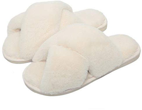 Tofflor dam fluffiga tofflor öppen tå tofflor för damer fuskpäls tofflor söta bekväma hustofflor för flickor, Vitt, 39/40 EU