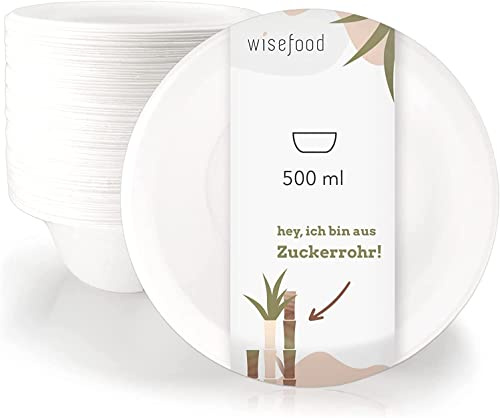 wisefood Zuckerrohr Schale - 50 Stück Bagasse Einweg Suppenschüssel rund weiß 500ml - Einmal Pappschale ideal für Pommes oder Salat - Bio Zuckerrohr Geschirr ohne PLA/PE