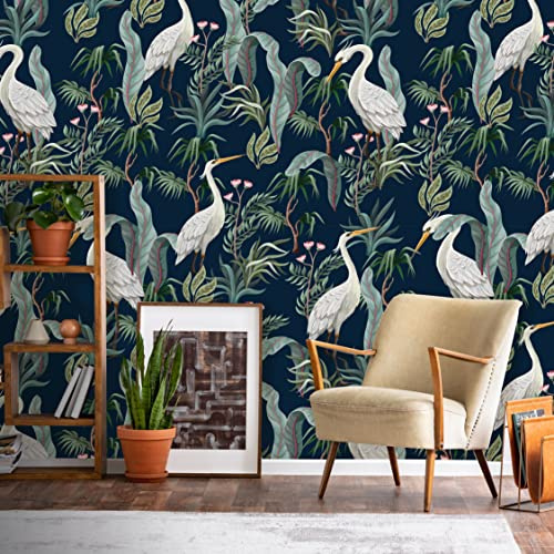 Coloritto Chinoiserie Herons Peel and Stick Wallpaper | Removable Birds Mural | Self Adhesive Wallpaper (Sample 12 W x 8 H)