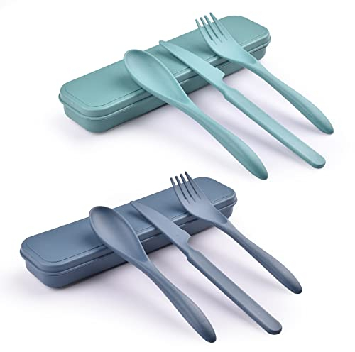 Set di 2 posate riutilizzabili con custodia, set di posate da viaggio, forchetta, coltello, cucchiaio, set di posate in plastica portatile per picnic, scuola, ufficio, pranzo (1)