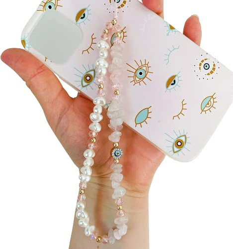 Evil Eye Beaded Phone Charm Pearl Beaded Phone Strap Rose Quartz Gemstone Phone Strap Y2K Chain for Mobile Phone Wrist Phone Case String Phone Bracelet Handmade Phone Jewelry for Women Girls